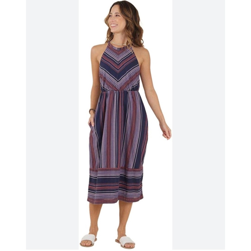 Carve Designs Womens Mabel Navy Deckside Small Organic Cotton Striped Midi Dress